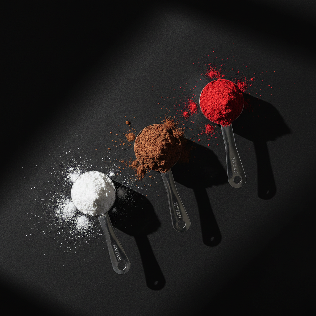 A precision layout of Titan supplement scoops arranged in a clean diagonal across a matte black surface: one filled with fine white creatine, one with dense chocolate protein, and one with bright red pre-workout powder. Each powder has a distinct, sharply defined texture and small, deliberate scatter around the scoop edges. A hard, directional light from the upper right creates crisp, elongated shadows of the scoops and sharp highlight lines on their polished metal handles. The background remains pure and distraction-free, fading into deep shadow at the edges. Photographed from an overhead angle with tack-sharp focus, the mood is scientific, controlled, and powerful, showcasing the raw ingredients behind serious bodybuilding supplementation in a bold, minimalist style.
