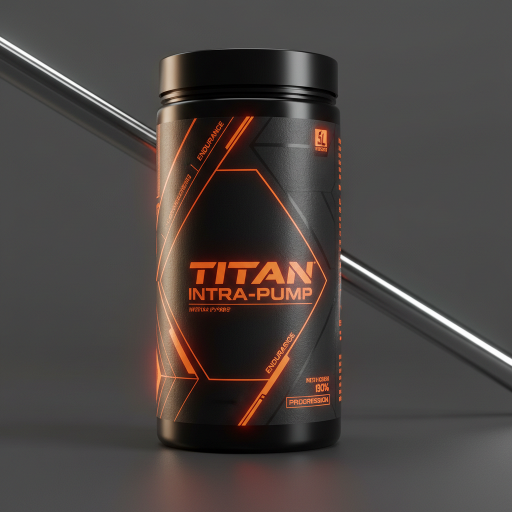 A Titan “Intra-Pump” supplement in a sleek, tall black canister stands against a minimalist backdrop where a single, angled metallic bar cuts through the frame behind it, hinting at gym equipment without showing any. The canister’s label features sharp, neon-orange accents that flare under an intense side light from the left, creating razor-edged shadows and subtle reflections along the metallic bar. The surface is a matte dark graphite plane, clean and uncluttered. Shot at eye level with a tight crop in photographic realism, the composition uses strong vertical lines and negative space to convey motion, endurance, and relentless progression, ideal for highlighting intra-workout performance in a bold, ultra-modern aesthetic.