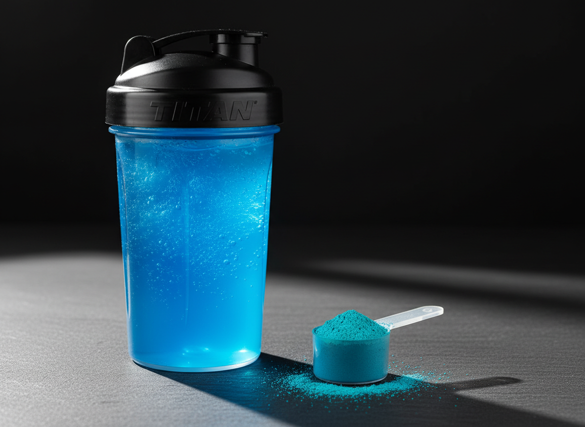 A close-up of a translucent shaker bottle filled with a dense, electric-blue Titan pre-workout liquid, tiny bubbles clinging to the sides of the clear plastic. The shaker sits on a smooth, matte slate surface, with a small, open scoop of neon blue powder beside it, grains scattered with intentional precision. A razor-sharp beam of directional light from the right slices across the scene, igniting the liquid’s color and casting a long, crisp shadow of the shaker against a deep, nearly black background. Shot from a low angle with shallow depth of field, the focus is on the rich texture of the powder and the clarity of the bottle, creating a high-energy, bold, photographic aesthetic.